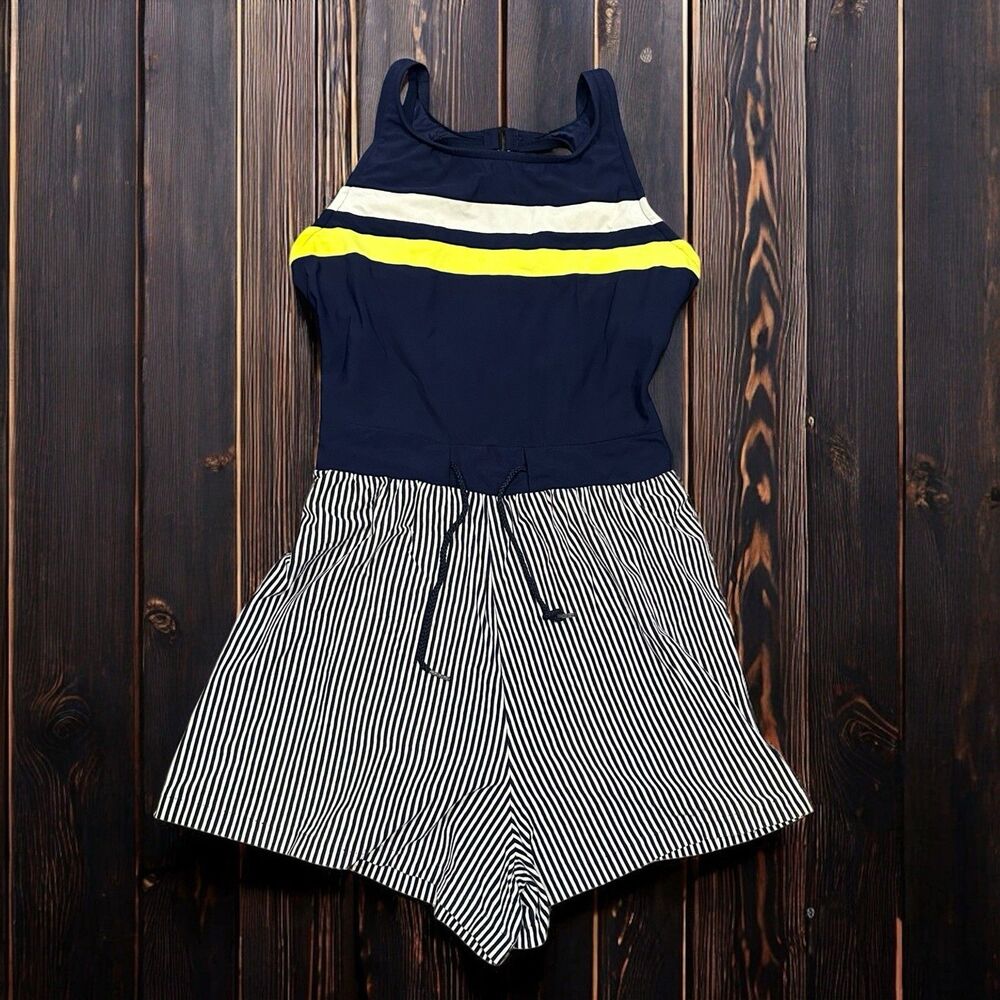 Vintage Modest Swimsuit One Piece Navy Blue Nautical Striped‎ 12 Medium
